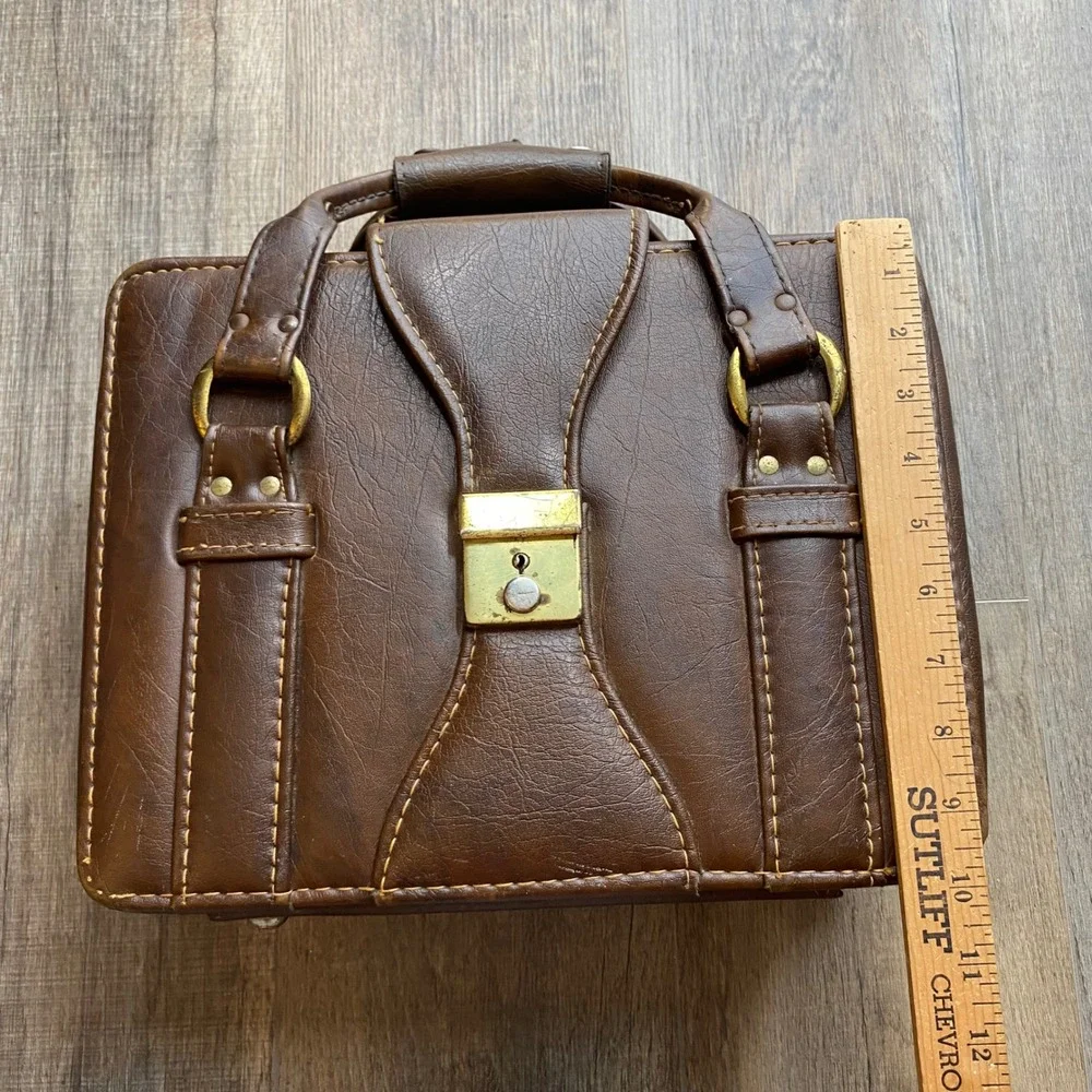 Vintage Brown Faux Leather Briefcase Camera Case Box Bag Brass Hardware Retro
